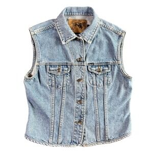 Facconable Y2K Classic Fitted Denim Vest Blue Jean Western Style Womens Large